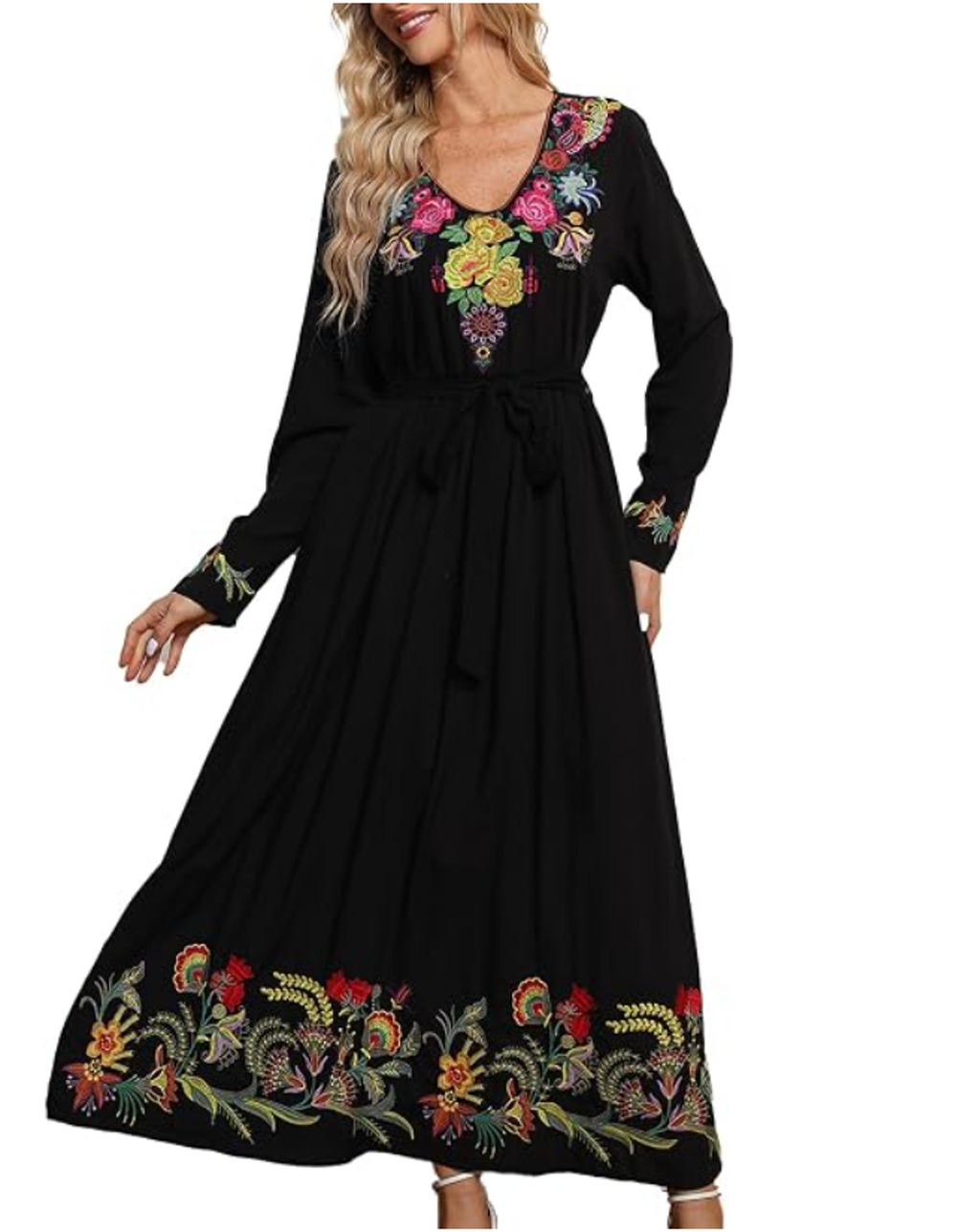 Ador Dress Womens M Black Embroidered Floral Maxi Boho V Neck Rayon Folk Mexican
